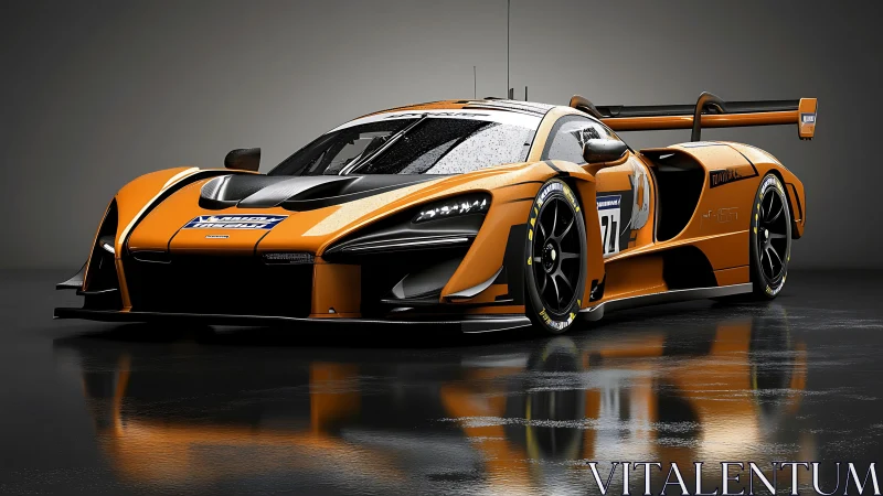 Orange carbon-fiber race car glistens under studio lights.