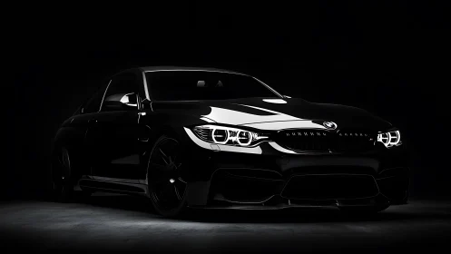 Midnight black BMW coupe gleams under dramatic studio light