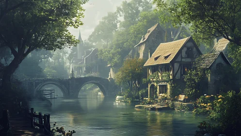 Medieval river village sits under soft morning mist