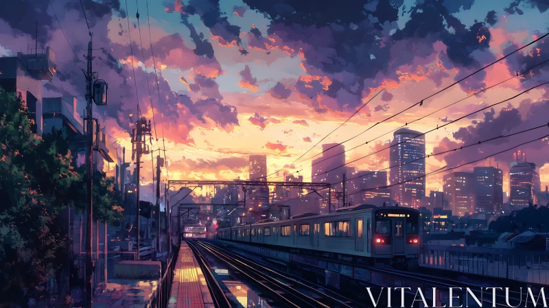 Urban train platform at dusk with illuminated city skyline.