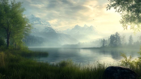 Whispering alpine lake cradled by dawnlit snowy giants.