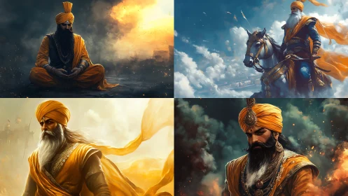 Regal Sikh warriors in orange robes across four scenes.