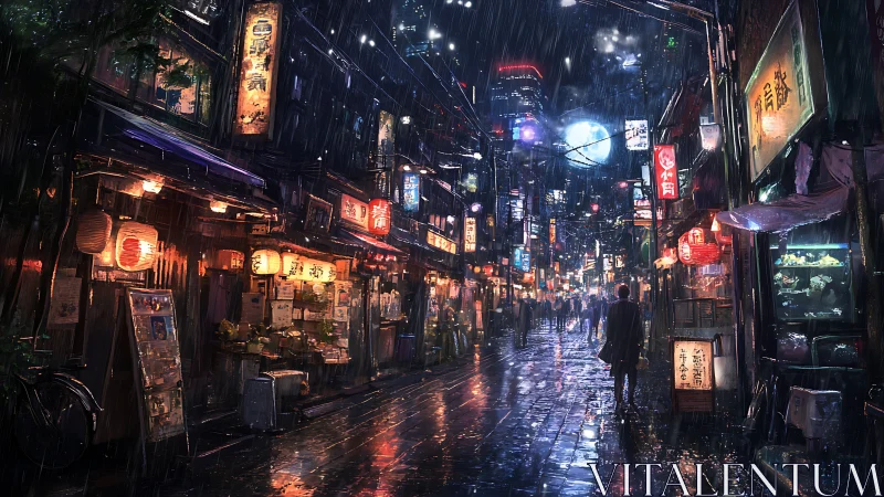 Rainy neon city street glowing with cozy night market lights.