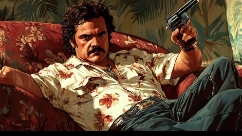 Reclining rebel in florals clutching a quiet revolver.