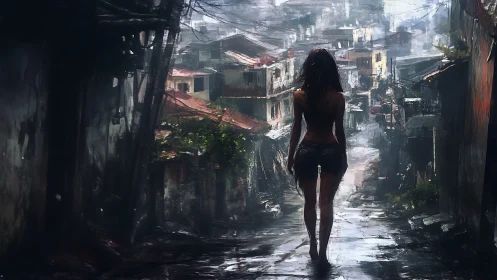 Solitary woman walking down wet urban hillside street.