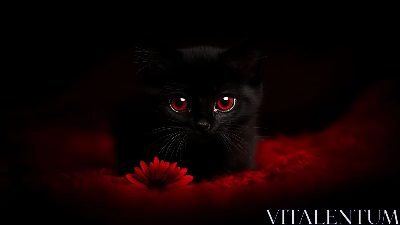 Black feline subject exhibits luminescent crimson ocular features against dark compositional field