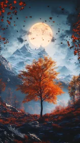 Golden autumn tree glows softly beneath a luminous full moon