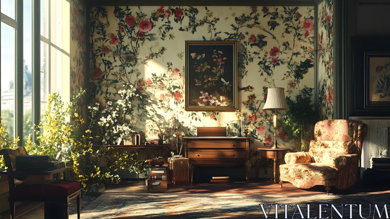 Sunlit floral parlor where wallpaper and garden entwine.