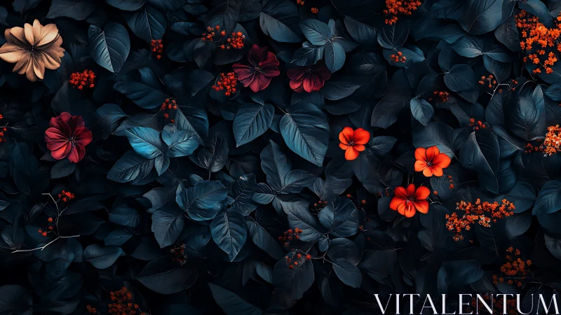 Dark foliage background shows scattered red and orange flowers