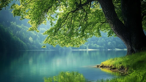 Sunlit branches lean over a lake and whisper in ripples