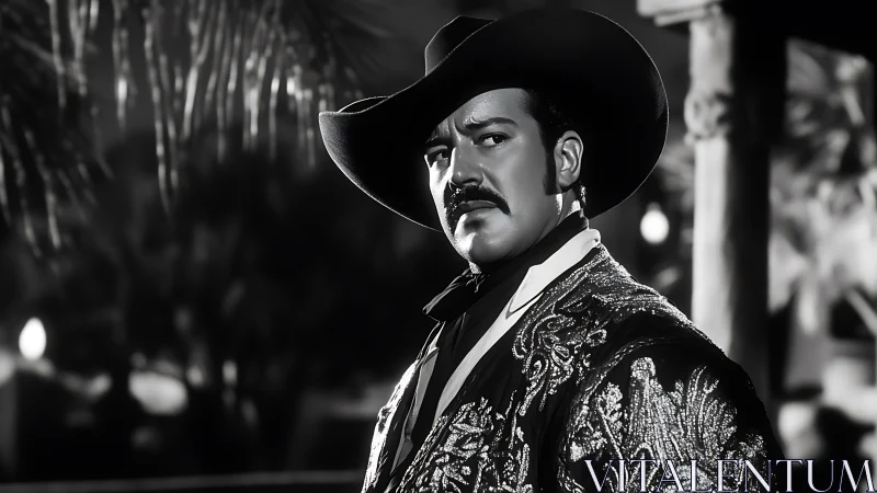 High-contrast monochrome portrait of charro-style performer in ornate jacket