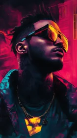 Neon-drenched street icon crowned in electric reflections.