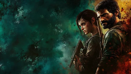 Two armed survivors stand against textured teal backdrop.