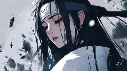 Side profile of bandana wearing figure amid floating debris