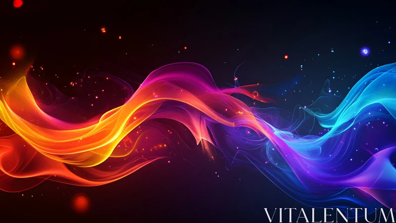 Colorful light waves flow across dark background space