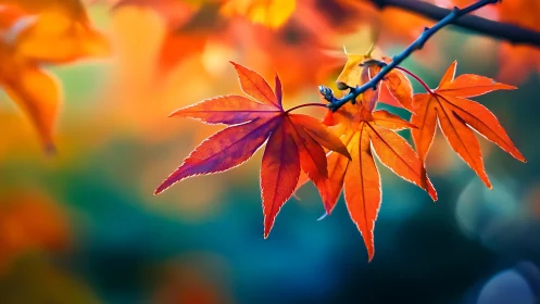 Ruby maple leaves trade sunset secrets across soft bokeh air