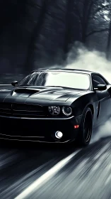 Midnight muscle car slashes through rain-slicked forest roads
