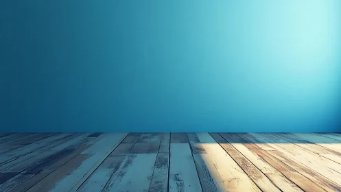 Sunlit wooden floor meets calm blue wall in a peaceful room