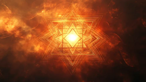 Radiant geometric star core within turbulent plasma field.