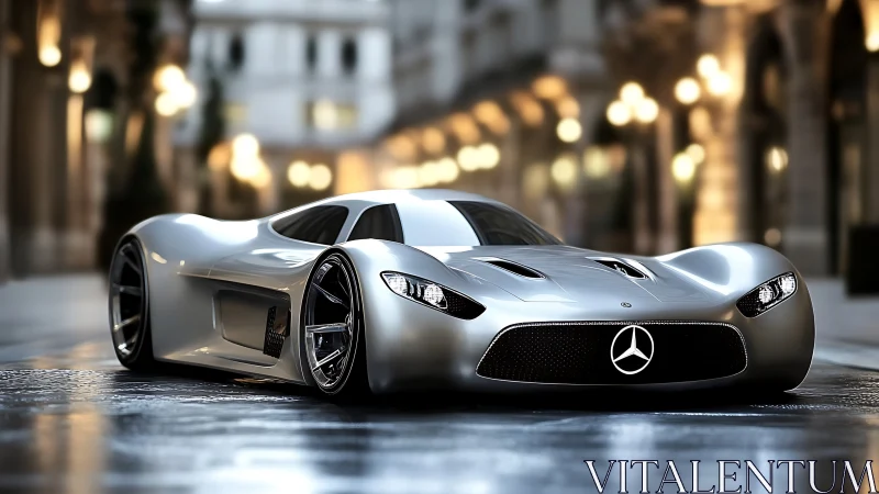 Silver hypercar prototype glides through wet city boulevard.