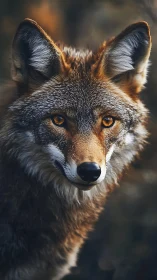 Photorealistic coyote portrait with shallow depth of field.