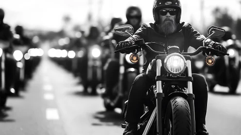 Bearded biker leading chrome-detailed motorcycle convoy.