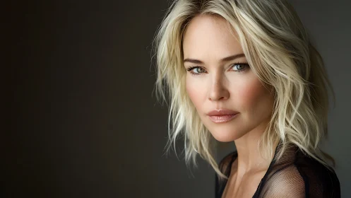 Blonde woman portrait with neutral expression on dark background.