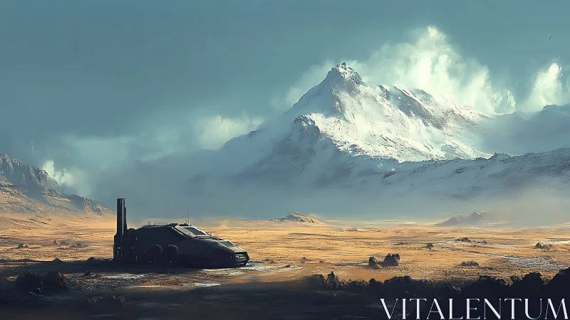 Isolated ground vehicle before distant snow-covered mountain.