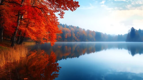Crimson autumn forest mirrored on a misty still lake.