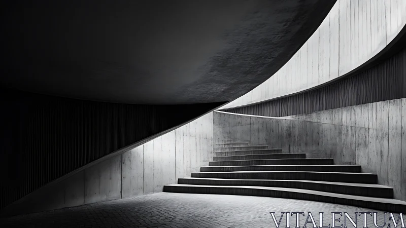 Curved concrete stairwell quietly carves daylight from shadow