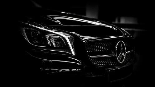 Close-up of luxury car front grille and headlight at night.