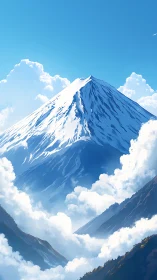 Snowcapped peak rising above bright cloud sea at noon.