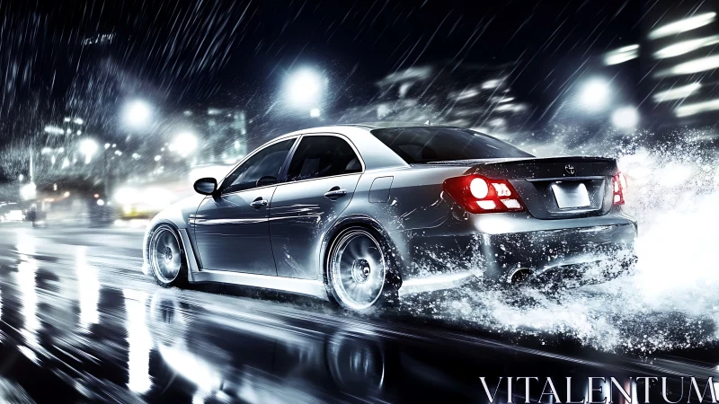 Midnight sedan carves liquid neon through the rain-slick city