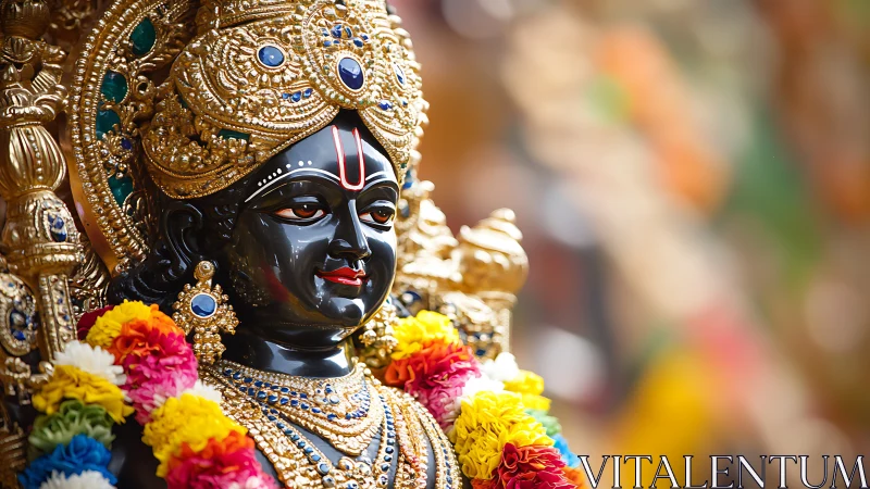 Ornate black deity statue with gold crown and flower garlands.