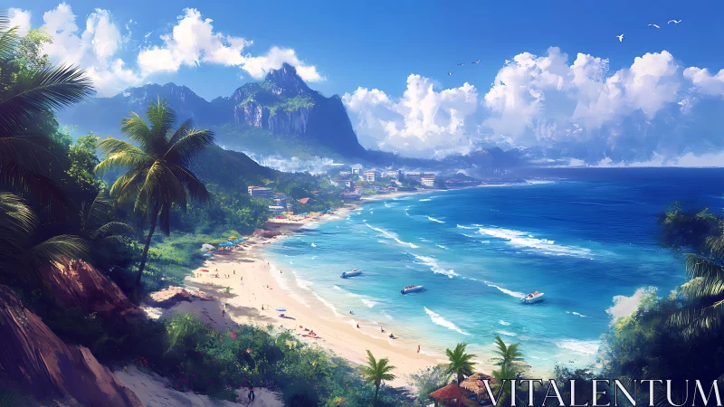 Tropical Coastal Paradise: Digital Landscape with Mountain Backdrop.
