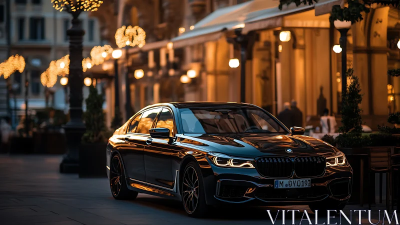 Black luxury sedan parked on elegant city street at night.