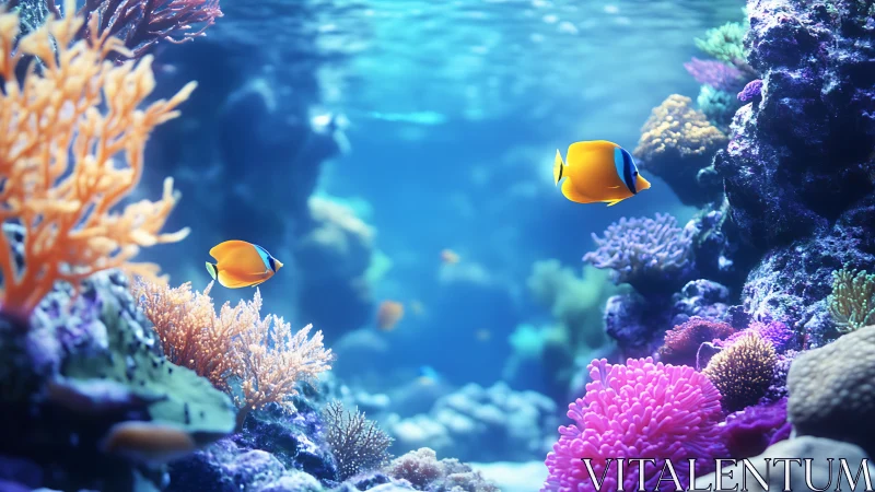 Tropical reef scene with butterflyfish and coral formations.