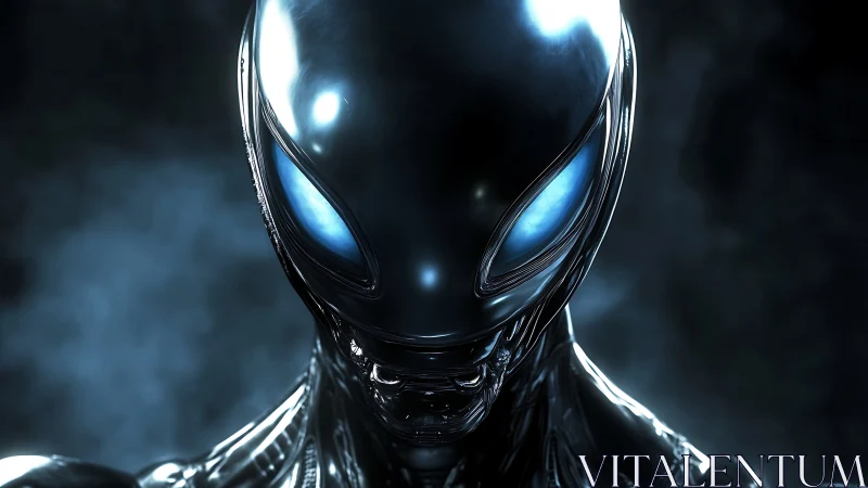 Chrome-eyed alien sentinel in glacial starlit darkness.