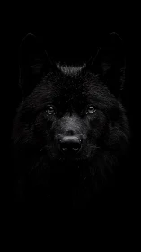 Midnight black wolf portrait in low key frontal composition.