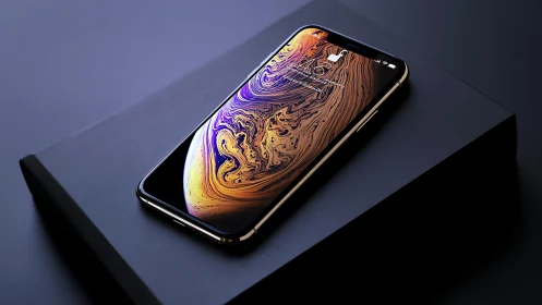 Curved-edge smartphone on box with vivid abstract display.