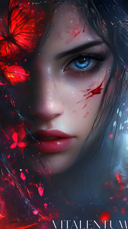 Luminous blue-eyed warrior with shattering crimson butterflies.