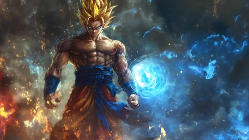 Golden‑haired warrior unleashes glowing blue energy sphere.