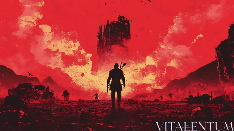 Lone wasteland wanderer under floating fortress in red sky