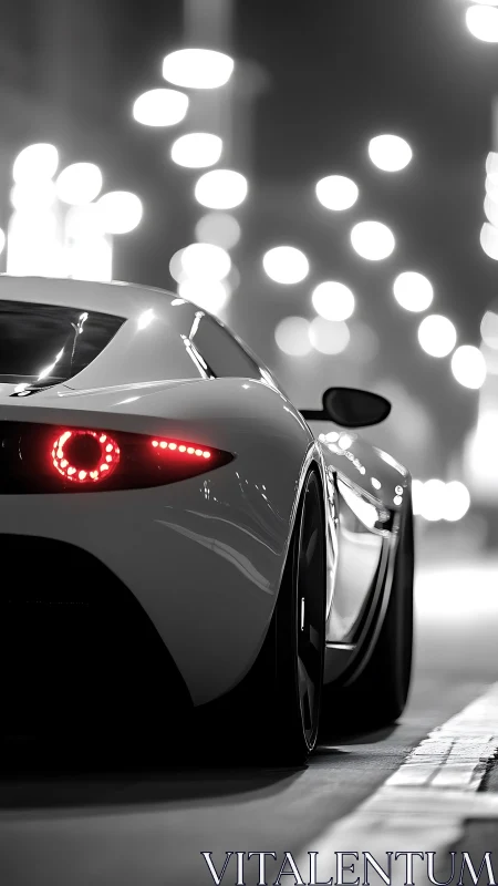 Rear view of sports car on urban night street in bokeh.