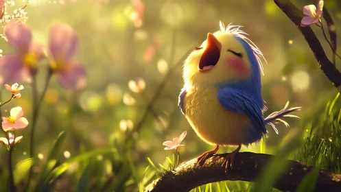 Sunlit blue songbird bursts into dawn&rsquo;s glittering chorus
