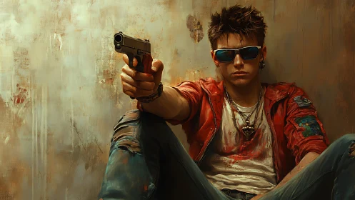 Digital painting of urban gunman in distressed wall setting.