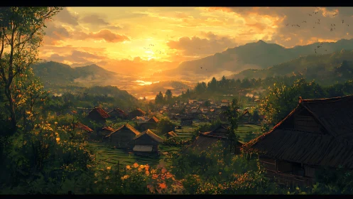 Sunlit mountain village valley under glowing sunset sky.