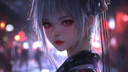 Nocturnal city rain with silver-haired girl in neon glow.