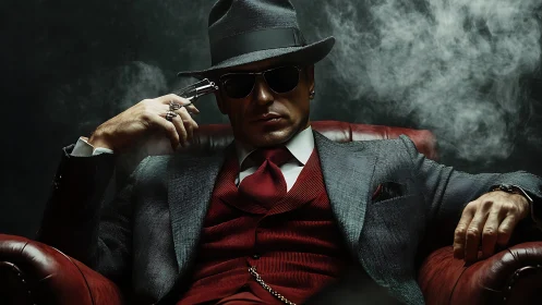 Man in formal suit sits in armchair amid dense smoke