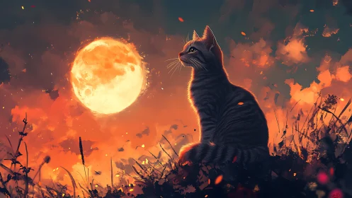 Black Cat Silhouette Against Luminous Moon.